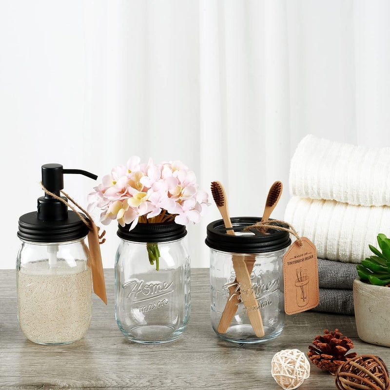 Amolliar Mason Jar Toothbrush Holder - Rustproof Stainless Steel - Holds 2 Toothbrushes and Toothpaste,with Chalkboard Labels - Farmhouse DÃ©cor Bathroom Countertop and Vanity Storage Organizer,Black - Image 2